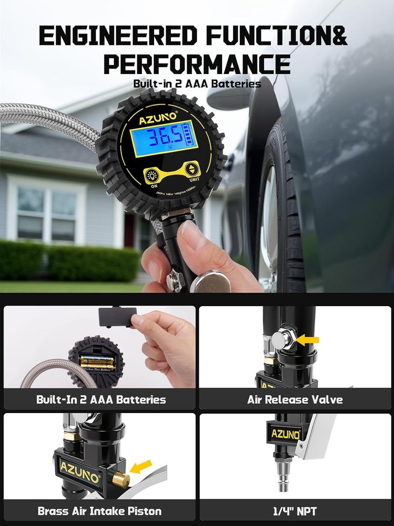 AZUNO Digital Tire Inflator with Pressure Gauge, 200 PSI (0.1 Res) w/LED Flashlight, Heavy Duty Air Compressor Accessories 7pcs Set, w/Lock on Air Dual Head Chuck and 90° Tire Valve - Image 5